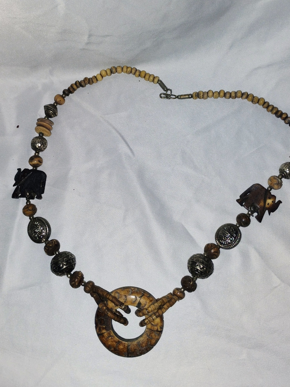Vintage Boho Elephant Carved Bead Long Statement Necklace Large Ring Pendant